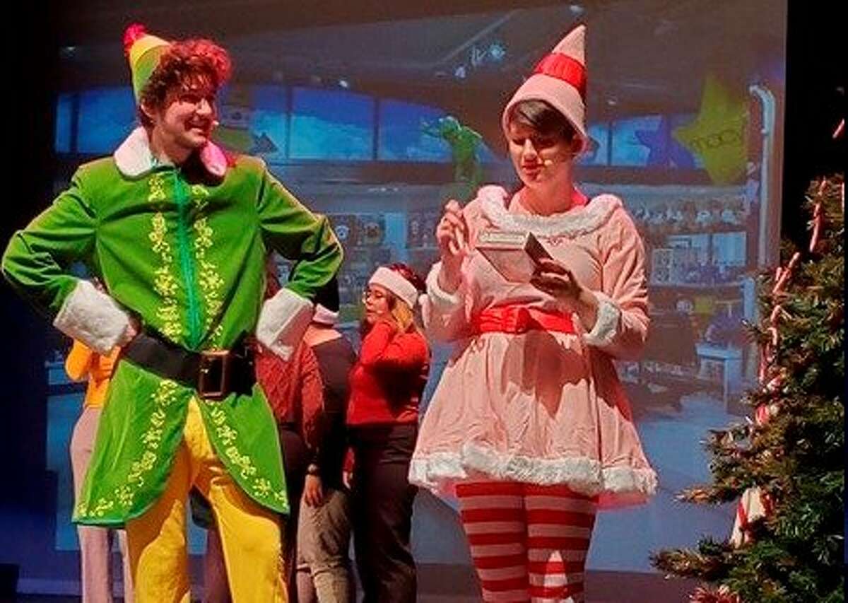 In this file photo, Buddy, played by Zachary Weber, shares a moment with Jovie, who is portrayed by Rebecca Barker, in a scene from the Manistee Civic Players production of "Elf the Musical," which was the group's last production before the coronavirus pandemic suspended its live productions. The Civic Players are looking to make a return to the stage in 2022.