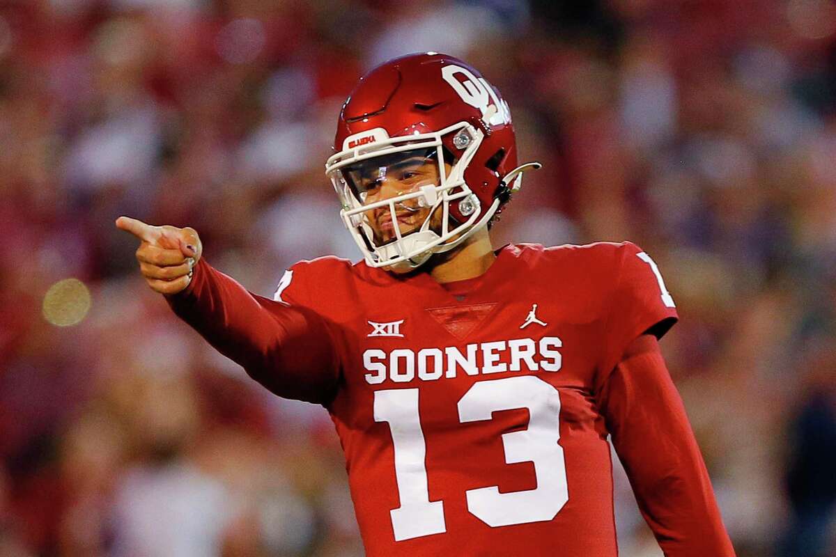 Oklahoma quarterback Caleb Williams celebrates after a touchdown pass against Texas Christian at Gaylord Family Oklahoma Memorial Stadium on Saturday, Oct. 16, 2021, in Norman, Oklahoma. (Brian Bahr/Getty Images/TNS)