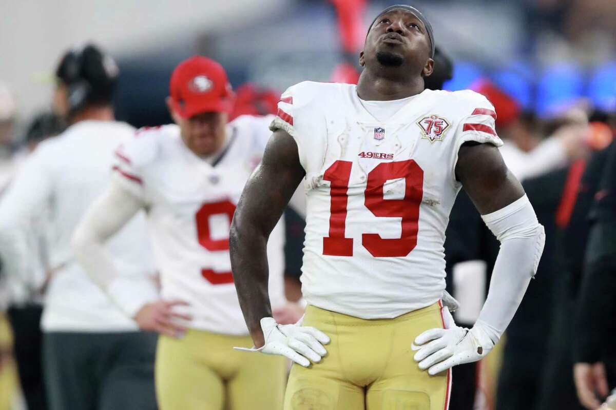 INGLEWOOD, CALIFORNIA - JANUARY 09: Deebo Samuel #19 of the San Francisco 49ers reacts in overtime against the Los Angeles Rams at SoFi Stadium on January 09, 2022 in Inglewood, California. (Photo by Joe Scarnici/Getty Images)