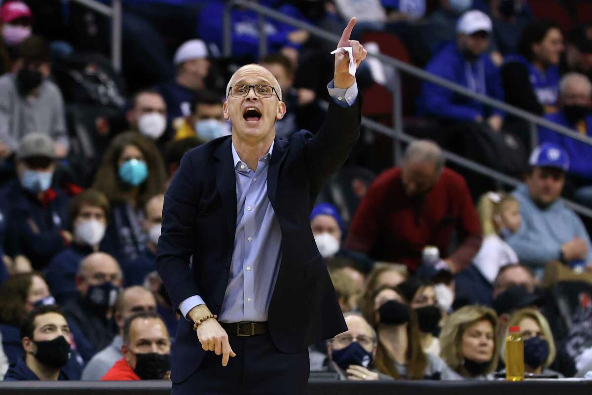 Coach Dan Hurley of the UConn Huskies gestures during the second half of a game against the Seton Hall Pirates at Prudential Center on Saturday. UConn beat St. John’s 86-78 in OT on Wednesday night.