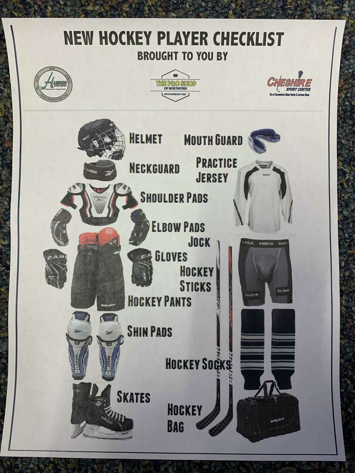 A checklist of equipment for new hockey players that hangs at the Hamden Sports Center, Hamden,