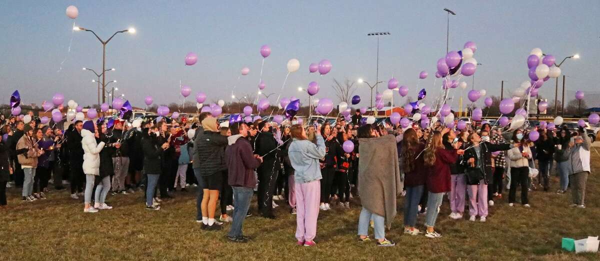 Family and a very large number of friends gather Monday to release balloons at Plummer Family Sports Park in Edwardsville. The ceremony honored 18-year-old Mackenzie Ann Allen who passed away Jan. 6. Daughter of Mark and Jill Allen, Mackenzie was a senior at Edwardsville High School and a member of the National Honor Society and Varsity Color Guard.