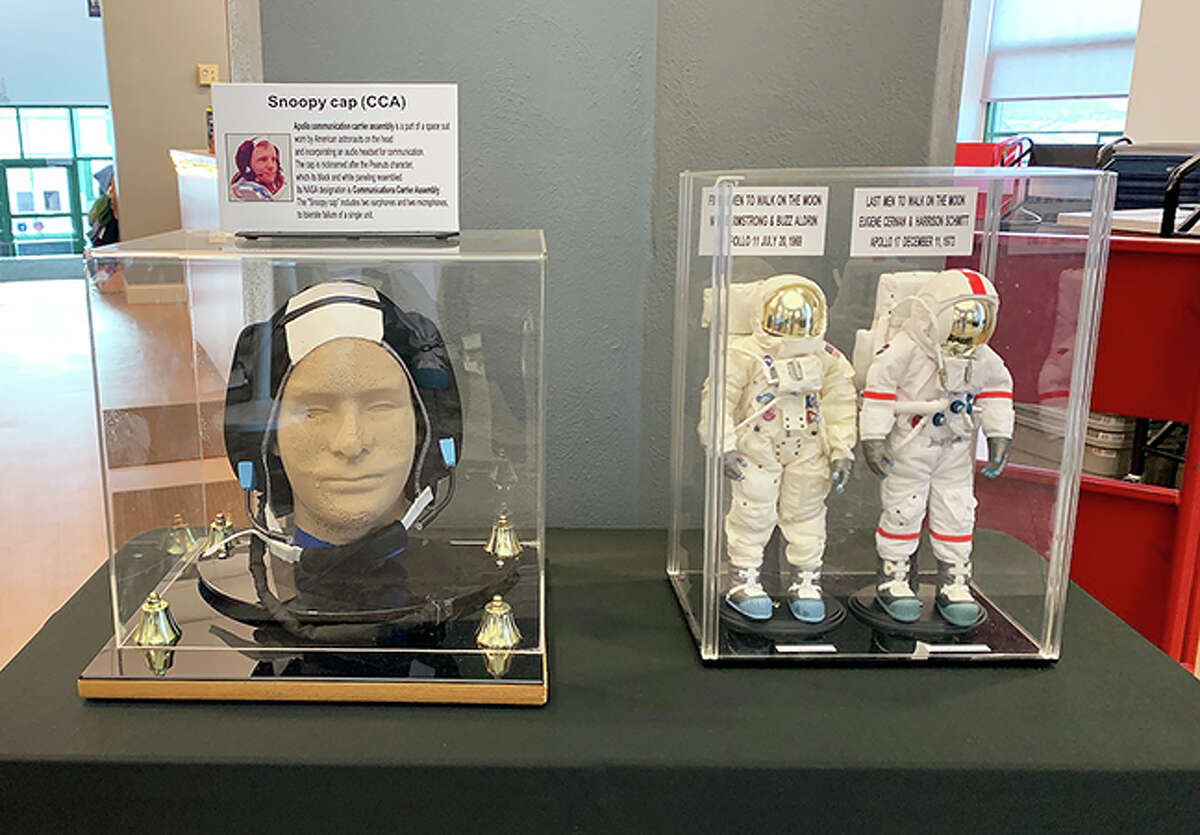 A replica of a ‘Snoopy cap,’ a communications cap that was used for the Apollo missions, and two models of spacesuits worn by Apollo astronauts are among the items from Jim Jones’ personal collection currently on display as part of “The Apollo Experience” at the Edwardsville Public Library.