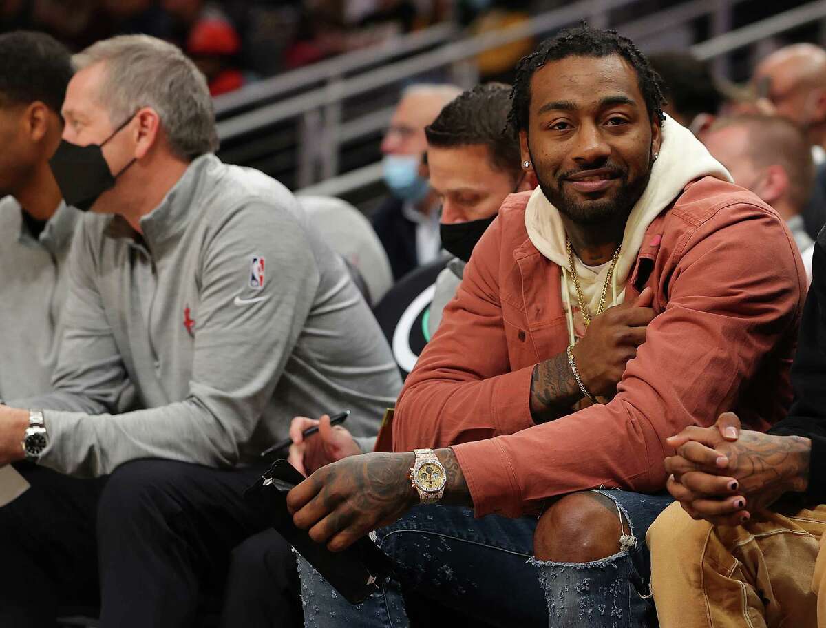 John Wall of the Houston Rockets reacts prior to tip-off against the Atlanta Hawks at State Farm Arena on December 13, 2021 in Atlanta, Georgia.