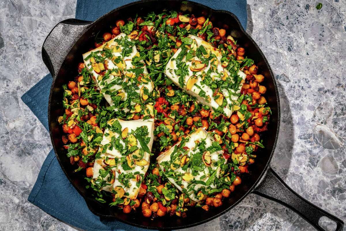 Slow-Roasted Fish With Chorizo and Chickpeas.