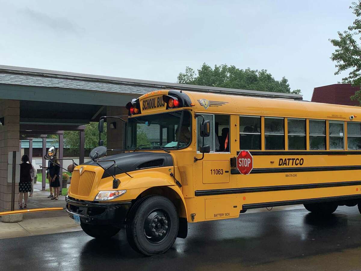 A school bus arrives at an elementary school in Middletown in 2021.