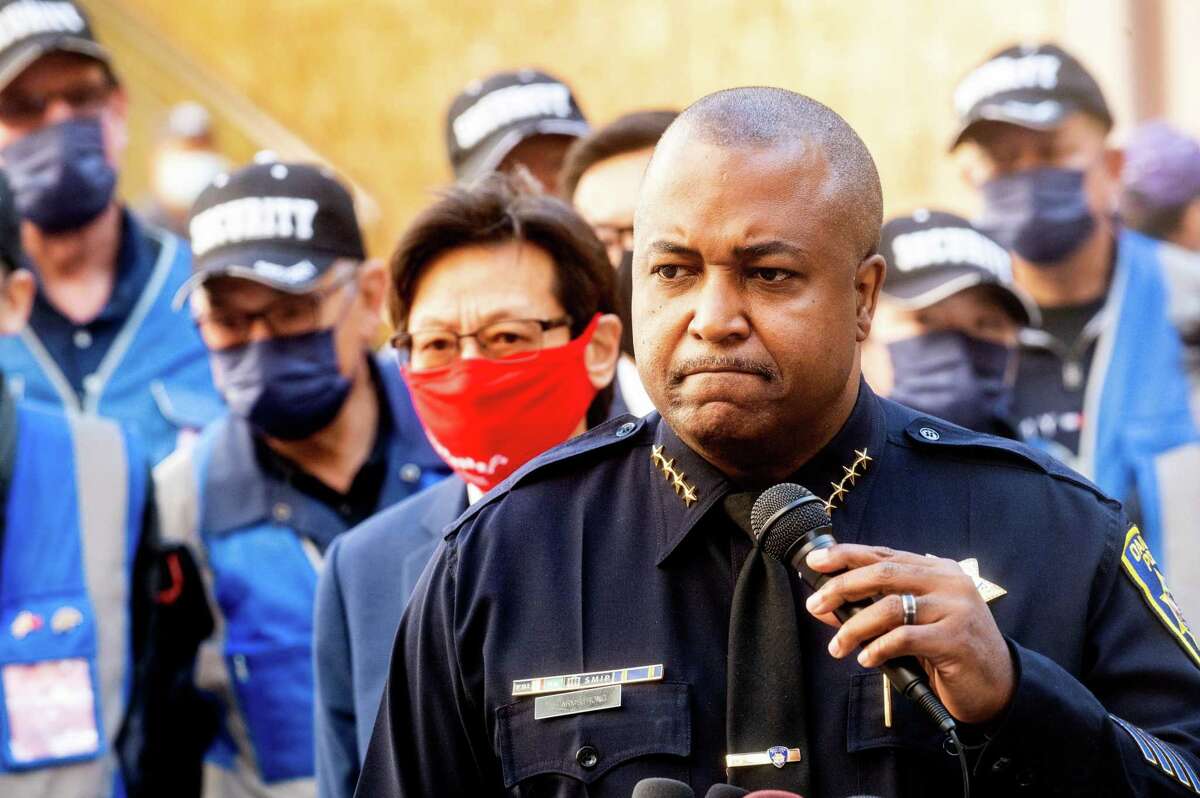 Oakland Police Chief LeRonne Armstrong discusses the killing of Jasper Wu during an Oakland Chinatown Chamber of Commerce press conference on Friday, Nov. 12, 2021, in Oakland, Calif. Wu, a 23-month-old toddler, died after being shot by a stray bullet on Interstate 880.