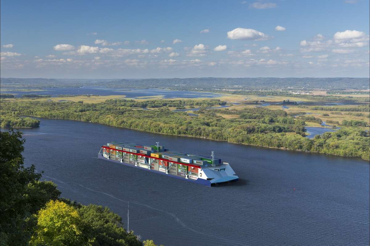 An artists rendering of a container-on-barge vessel, which will have a major impact in transporting cargo between the St. Louis region and New Orleans.