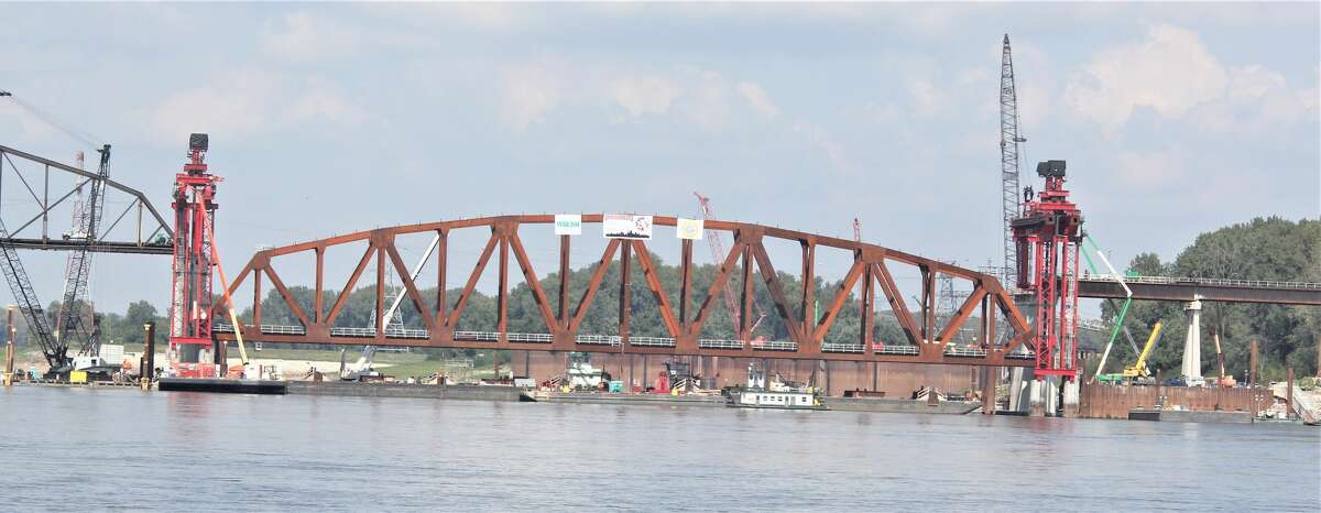 A new section of the Merchant's Bridge is put into place last year on the Mississippi River. The rail bridge, built in 1889 and is owned by the Terminal Railroad Association, is undergoing a $222 million rehabilitation expected to be completed in 2023.