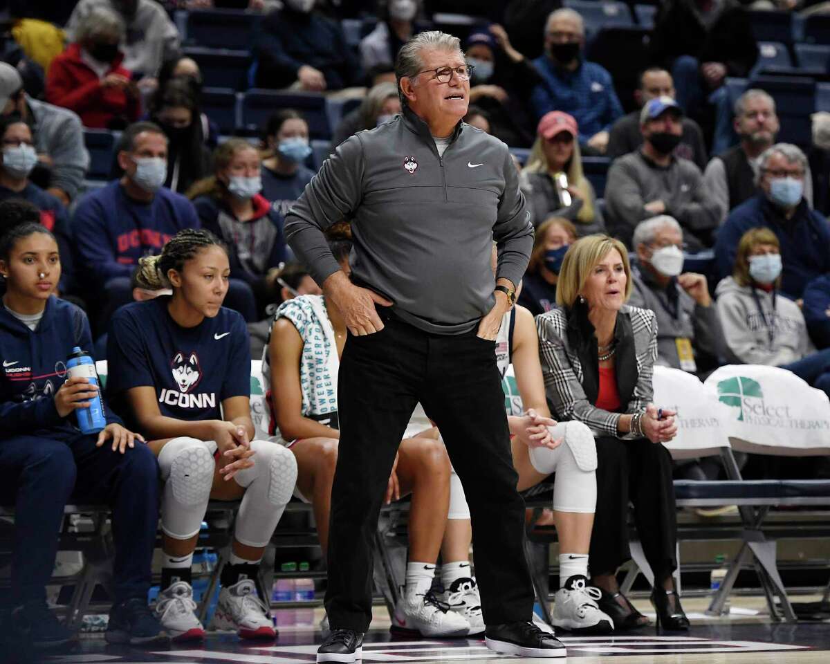UConn coach Geno Auriemma in the first half of an NCAA women’s college basketball game on Sunday, Jan. 9, 2022, in Storrs, Conn.