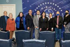 LULAC Council #7 and WBCA representatives gather for a photo with the council's Higher Education Award Honoree Julie Bazan, seventh from left, Tuesday, Jan. 11, 2022 at the WBCA offices. Bazan will be recognizaed at the council's Noche De Cabaret on February 5, 2022 at the Casa Blanca Event Center.
