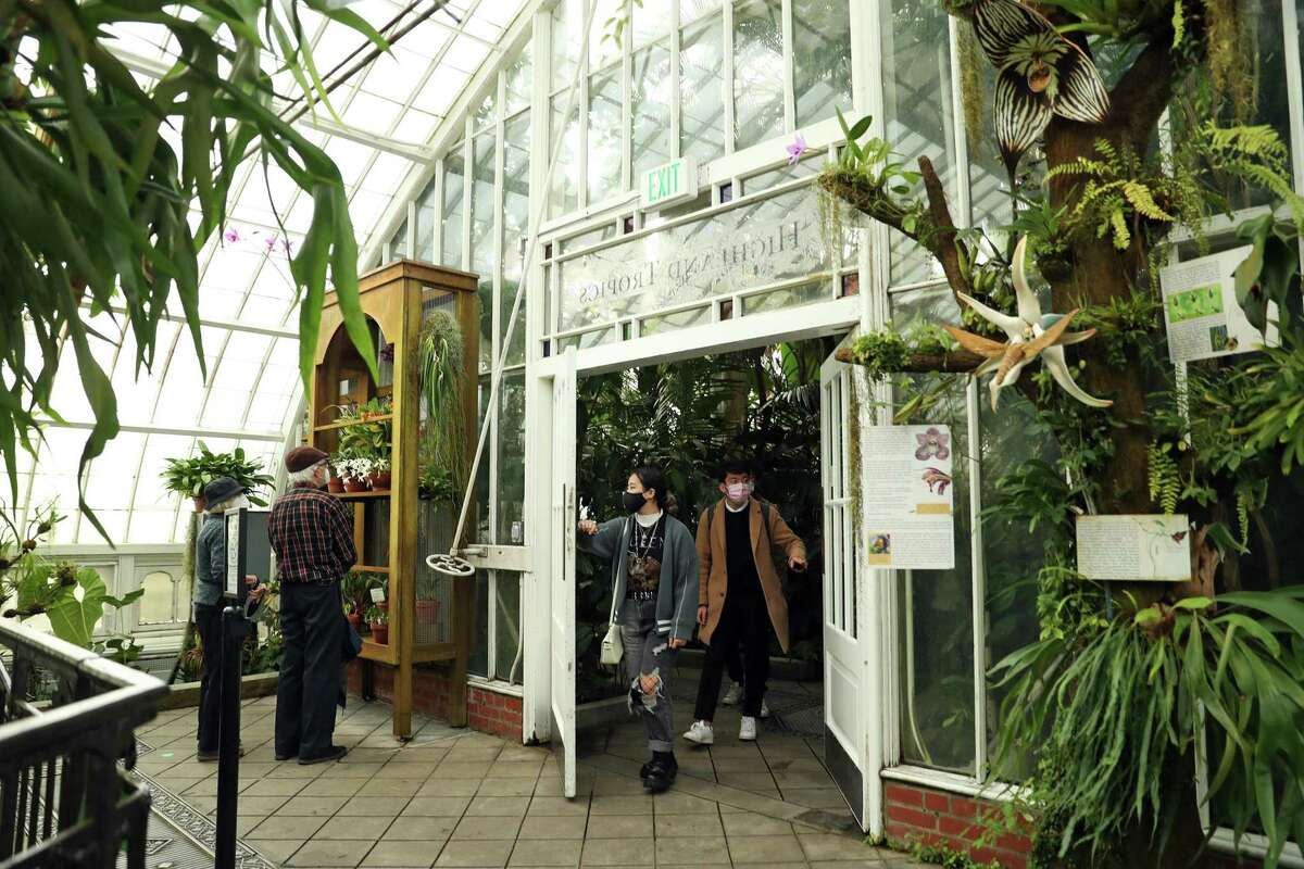 Visitors enter the Highland Tropics Gallety at the Conservatory of Flowers in Golden Gate Park.