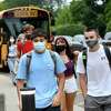 Students arrive for the first day of school in Fairfield, Ct., Monday morning, August 30, 2021.