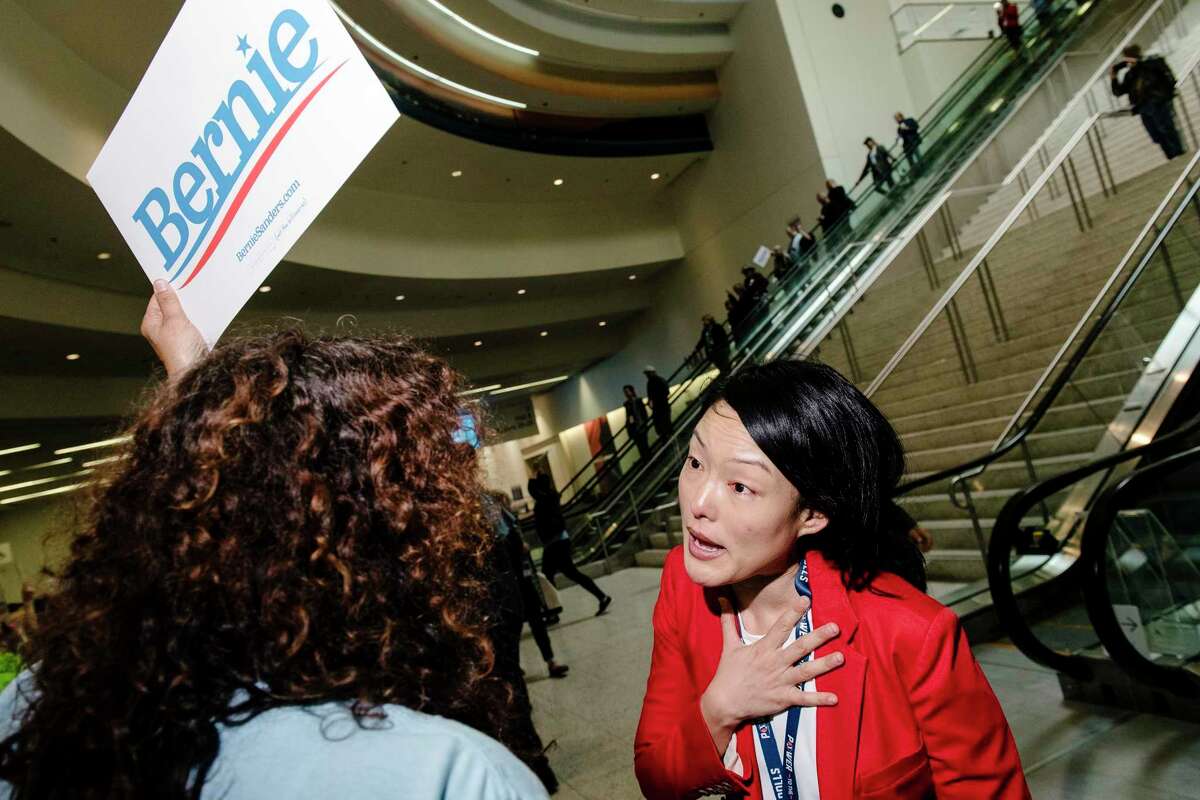 Jane Kim speaks with Bernie Sanders supporters during the June 2, 2019, California Democratic Party convention in San Francisco. Kim, a former San Francisco supervisor, will become executive director of the Working Family Party’s new California branch.