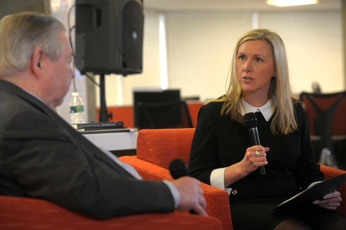 Wendy Metcalfe, Hearst Connecticut Media Group SVP of content and editor-in-chief, interviews Frank Bennack Jr, executive vice chairman and former CEO of Hearst, in February 2020.