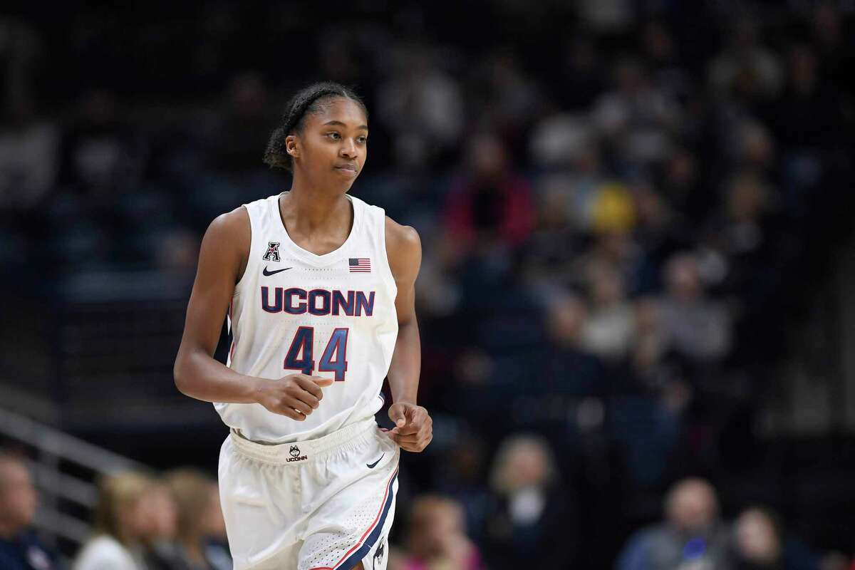Connecticut's Aubrey Griffin during the first half of an NCAA college exhibition basketball game, Sunday, Nov. 3, 2019, in Storrs, Conn. (AP Photo/Jessica Hill)