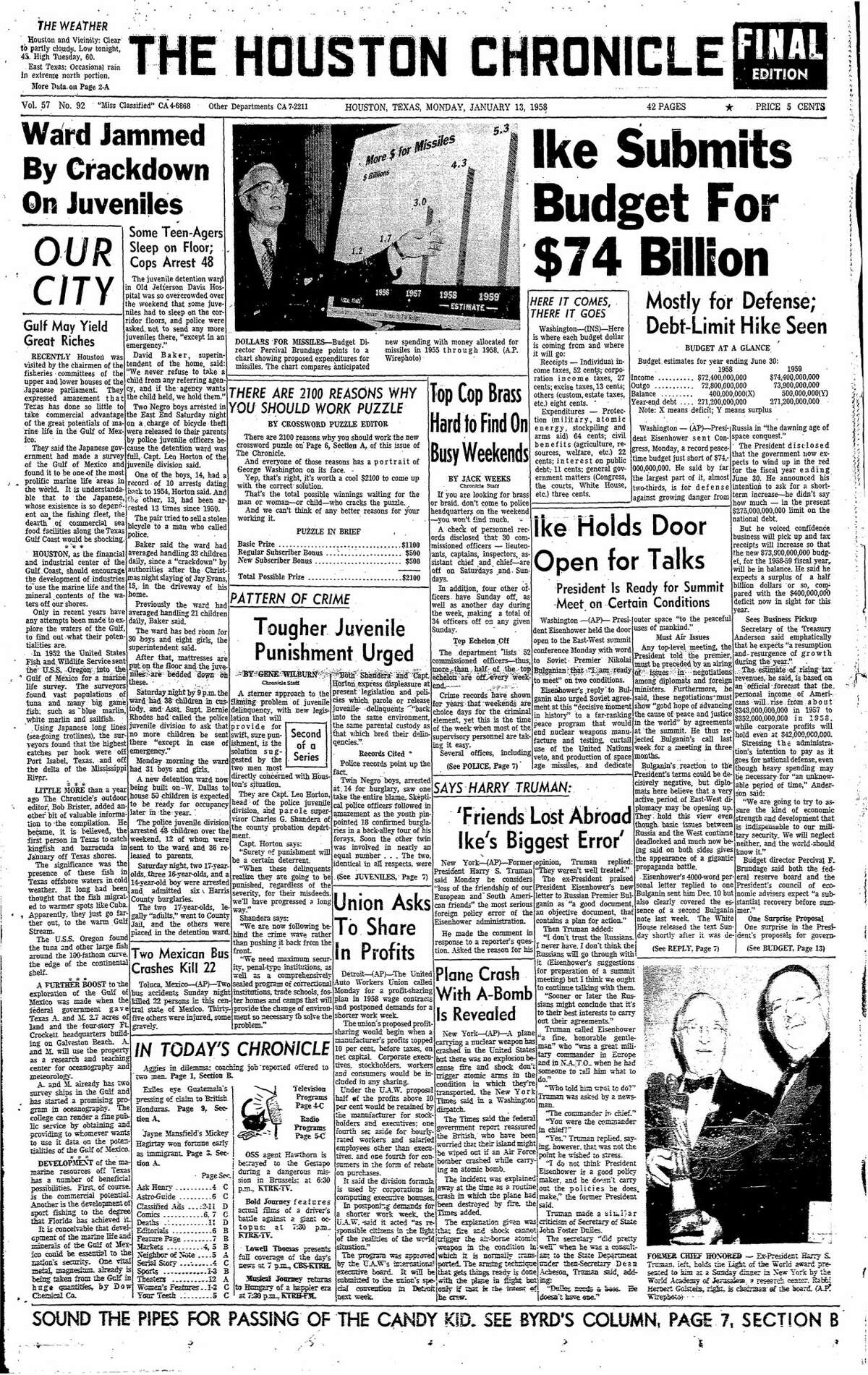 Houston Chronicle front page from Jan. 13, 1958.