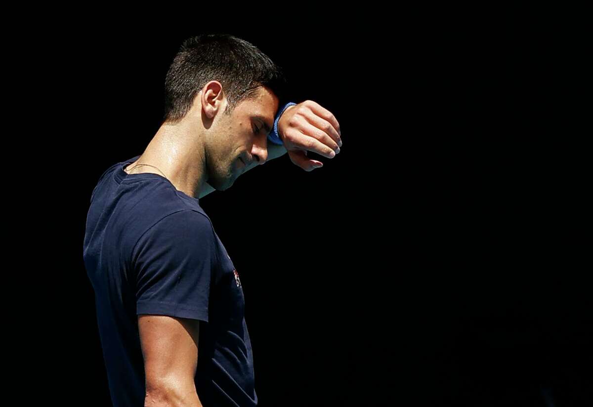 Novak Djokovic goes through a practice session at Rod Laver Arena in Melbourne Park on Wednesday. He admitted to an “error in judgment” while he was infected with COVID.