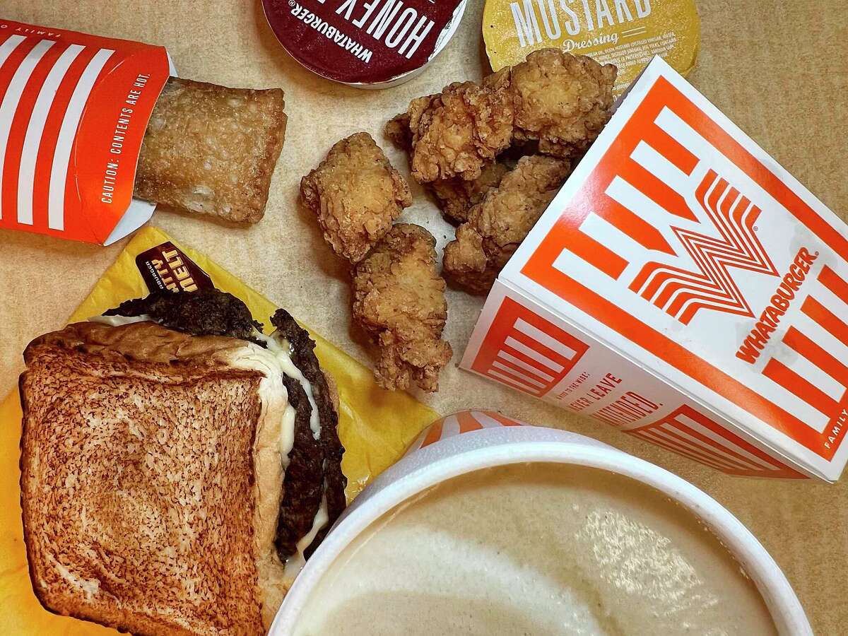 Menu options at Whataburger include, clockwise from bottom left, a patty melt, fried apple pie, Whatachick?•n Bites and a Dr Pepper shake. The San Antonio burger chain is expanding to the Atlanta metro area.