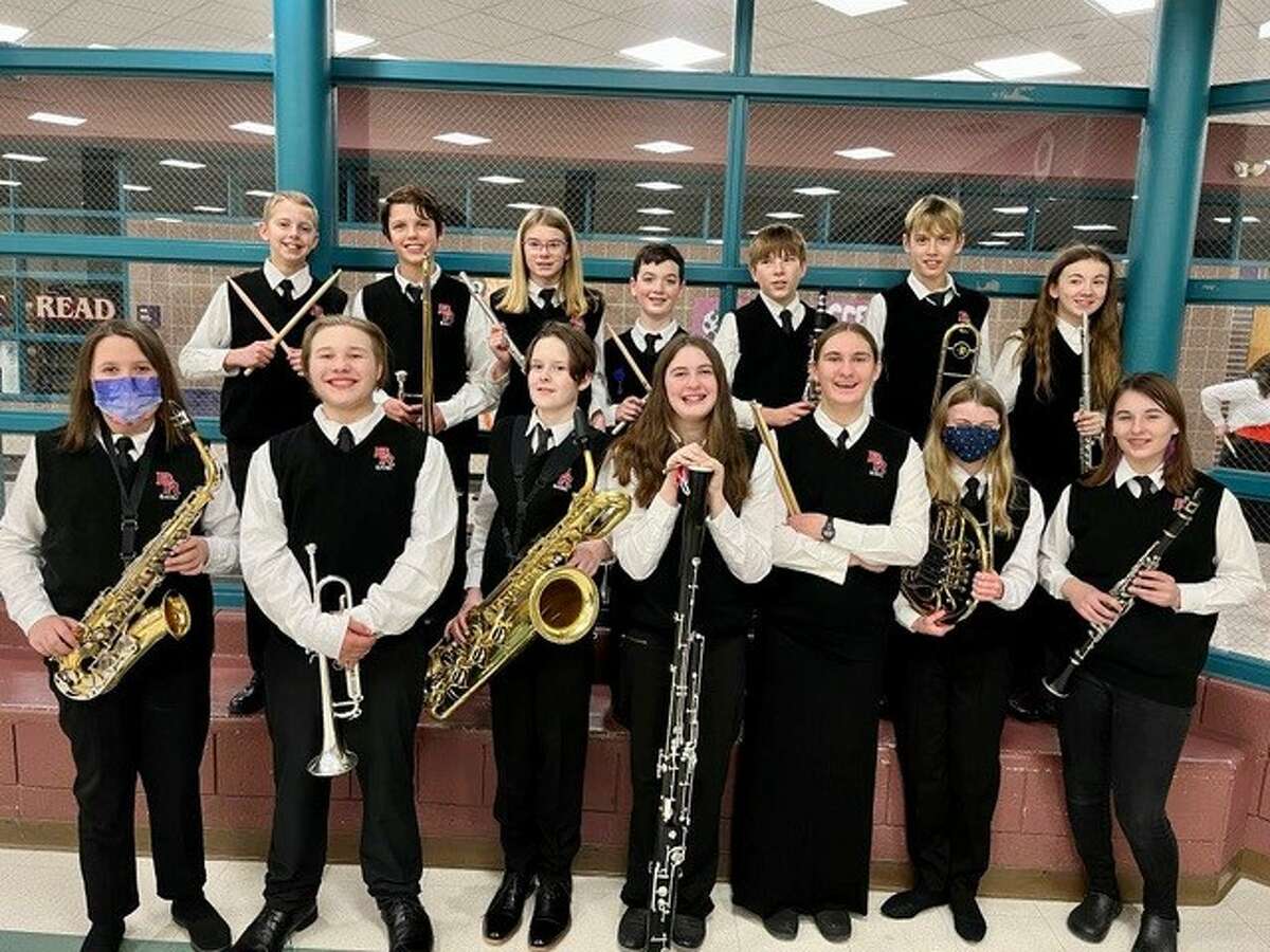 Big Rapids Middle School band members, pictured left to right, include: Front Row: June King, Manny Sleight, Jude Trouba, Emily Balch, Abby Doering, Elizabeth English, Shay Harper. Back row: Eli Buist, Carter Godfrey, Lilian Garchow, John Alban, Zach Repke, Carter Godfrey, Isabel Beauchamp. 
