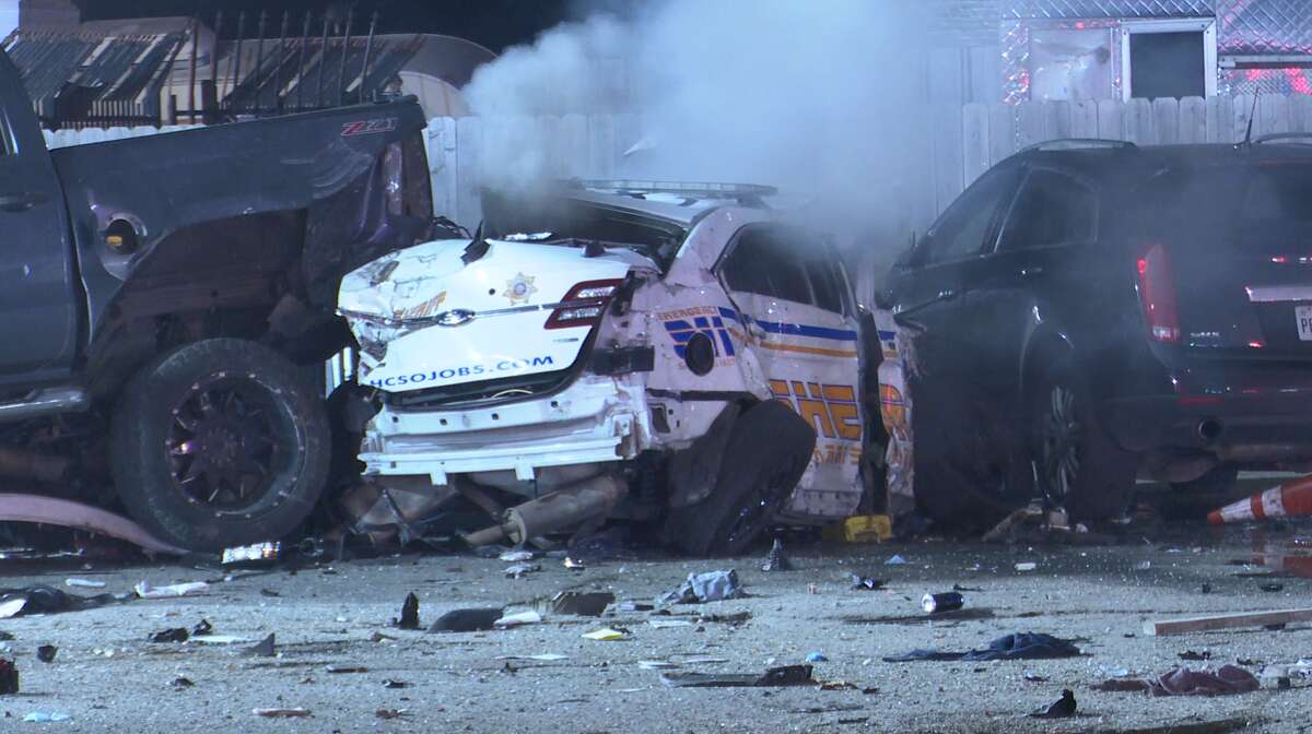 The wreckage left after a Harris County deputy crashed during a high-speed chase in northeast Houston on Wednesday, Jan. 12, 2022. 