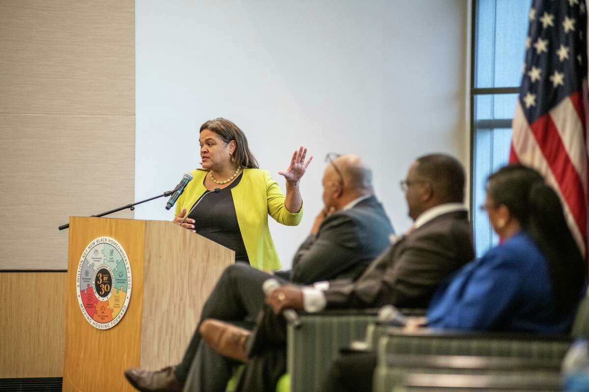 Alanna McCargo speaking in her former capacity as a HUD Senior Advisor for Housing Finance at a homeownership event in Cleveland, Ohio in June 2021. In December, McCargo became the first female president of Ginnie Mae.