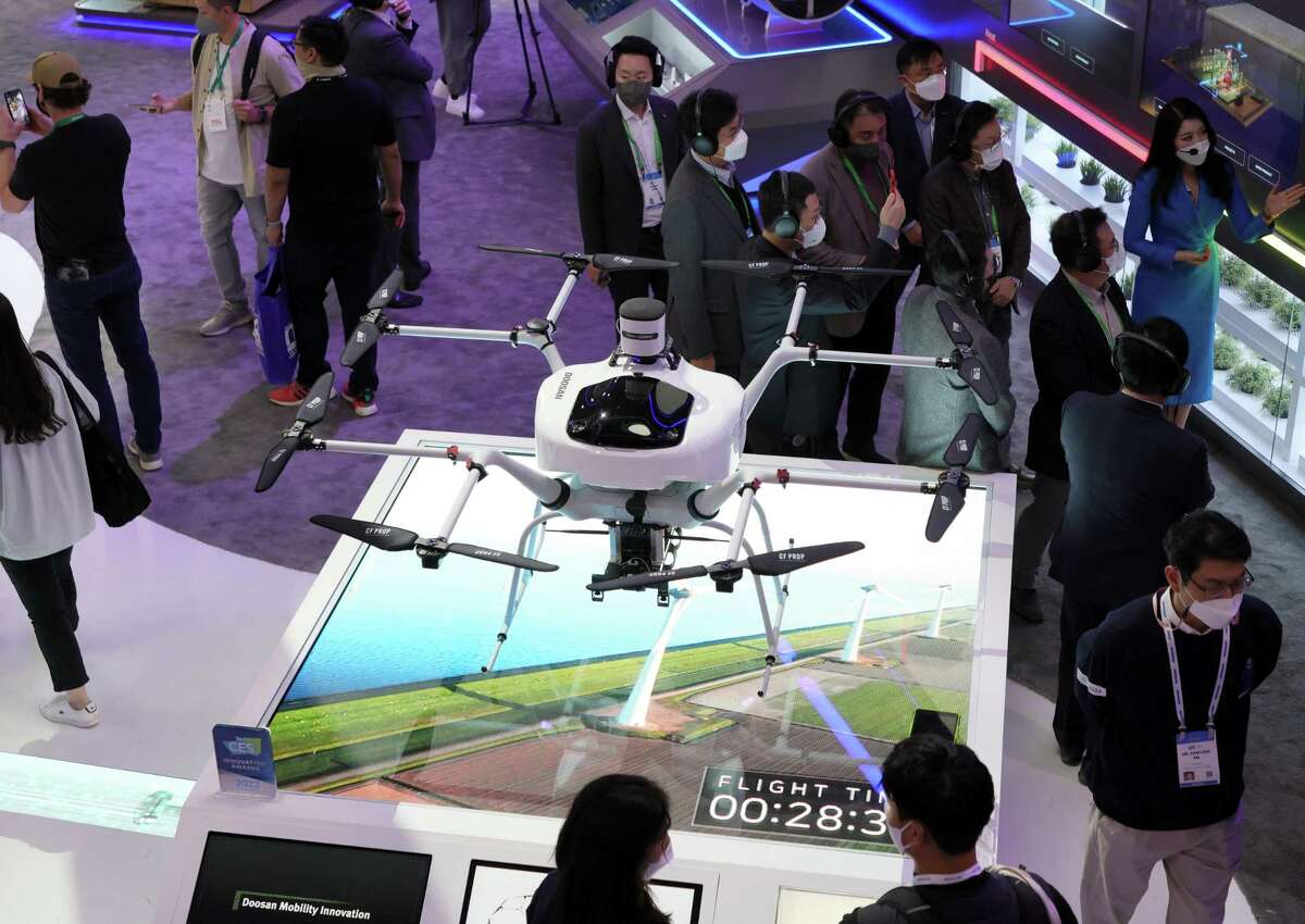 LAS VEGAS, NEVADA - JANUARY 06: Doosan Mobility Innovation's DS30W hydrogen fuel cell drone is displayed at CES 2022 at the Las Vegas Convention Center on January 6, 2022 in Las Vegas, Nevada. The USD 70,000 drones can fly for two hours making them useful for public safety and LiDAR mapping large areas. CES, the world's largest annual consumer technology trade show, is being held in person through January 7, with some companies deciding to participate virtually only or canceling their attendance due to concerns over the major surge in COVID-19 cases. (Photo by Ethan Miller/Getty Images)