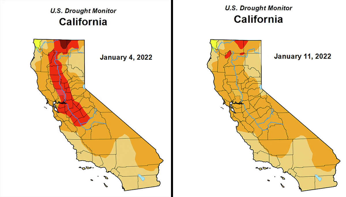 A two-week comparison of the California Drought Map, from Jan. 4 (left) to Jan. 11.