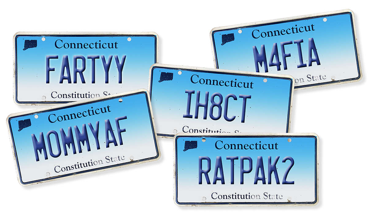 The Connecticut Department of Motor Vehicles rejected nearly 80 requests for vanity license plates from October 2020 to the end of September 2021. Here is a mockup of some of them.