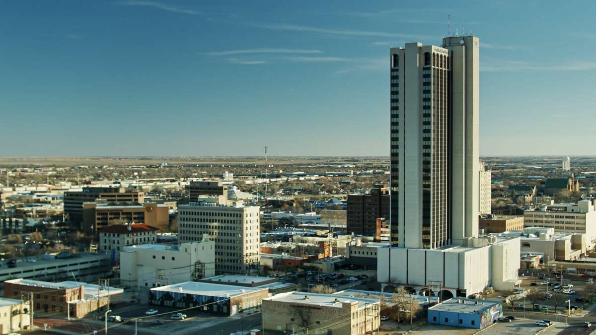Drone shot of Amarillo, the largest city in Potter County in the Texas Panhandle on a cold and clear day in window.