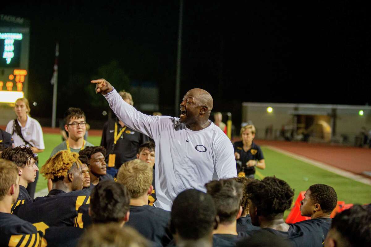 Klein Oak head coach Jason Glenn emotional talk to his team on the field after the football game between Klein Oak vs Cy Creek during a high school football game at the Klein Memorial Stadium, Friday, September 6, 2019, in Spring. Klein oak defeated Cy Creek 23-21. (Juan DeLeon/Contributor)