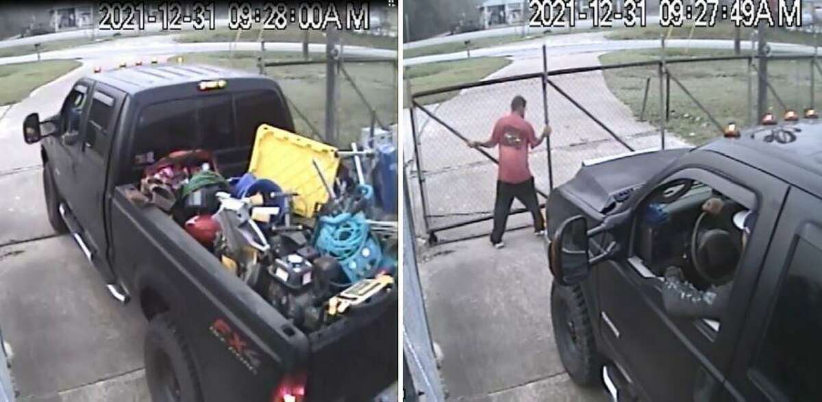 Surveillance camera stills show the vehicle and people involved in a late December burglary at a Conroe storage unit.