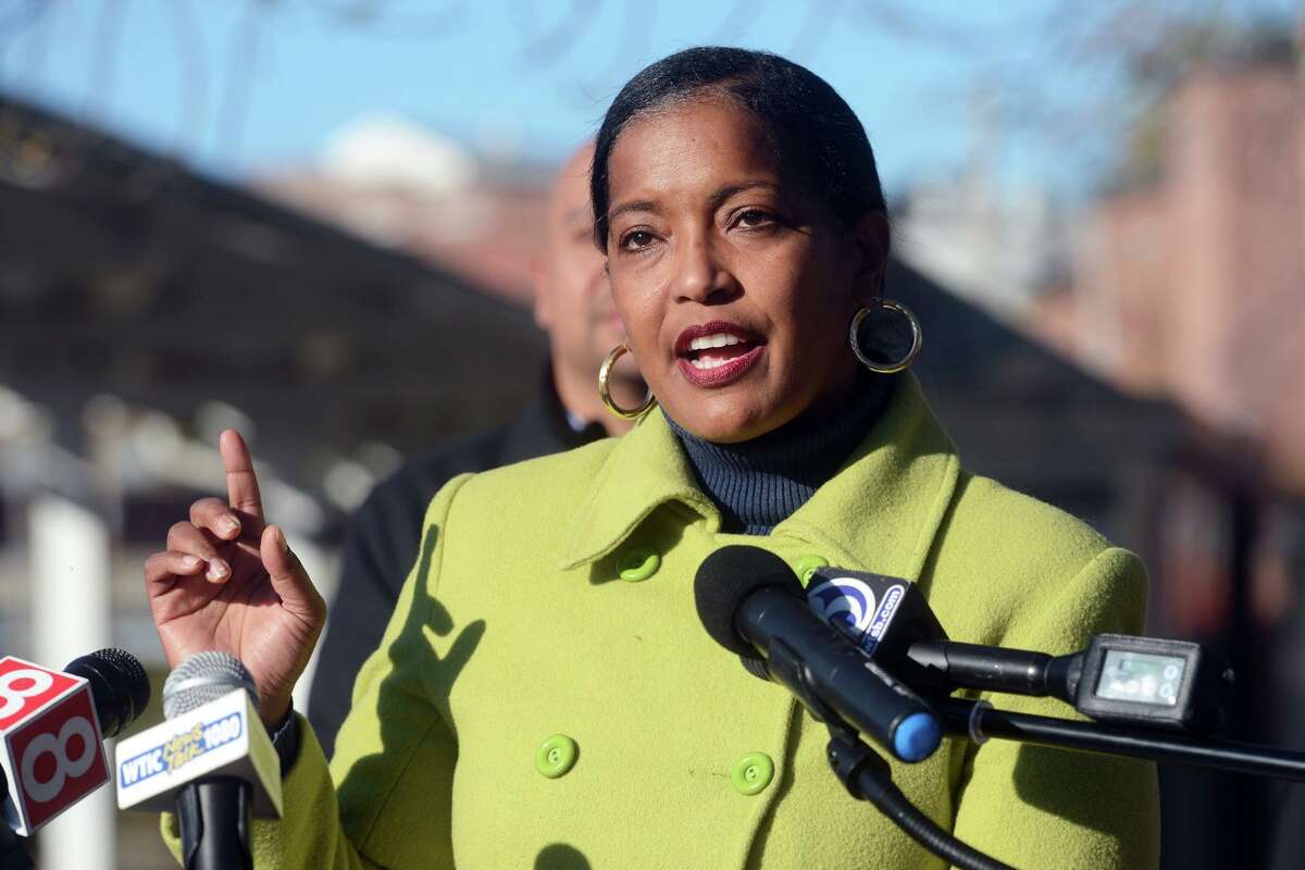 U.S. Rep. Jahana Hayes speaks during a news conference at the rail station in Ansonia, Conn. Nov. 8, 2021. Hayes joined Gov. Ned Lamont and other elected officials to announce major improvements and upgrades to the Waterbury Branch of the Metro-North Railroad New Haven Line.