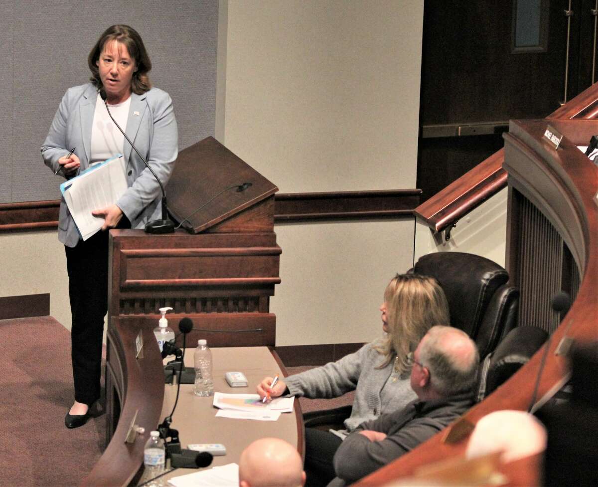 State Rep. Amy Elik, R-Fosterburg, addresses the Madison County Board during a special meeting Thursday regarding opposition to the creation of judicial subcircuits in Madison County. The board passed a resolution opposing the new law; Madison County State's Attorney Tom Haine said he may take legal action within a week.
