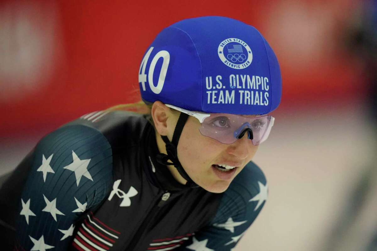 Kristen Santos looks on after competing in the women’s 500-meter finals during the U.S. Olympic short track speedskating trials on Friday, Dec. 17, 2021, in Kearns, Utah. The Fairfield native is being extra cautious as she prepares for the Beijing Games.
