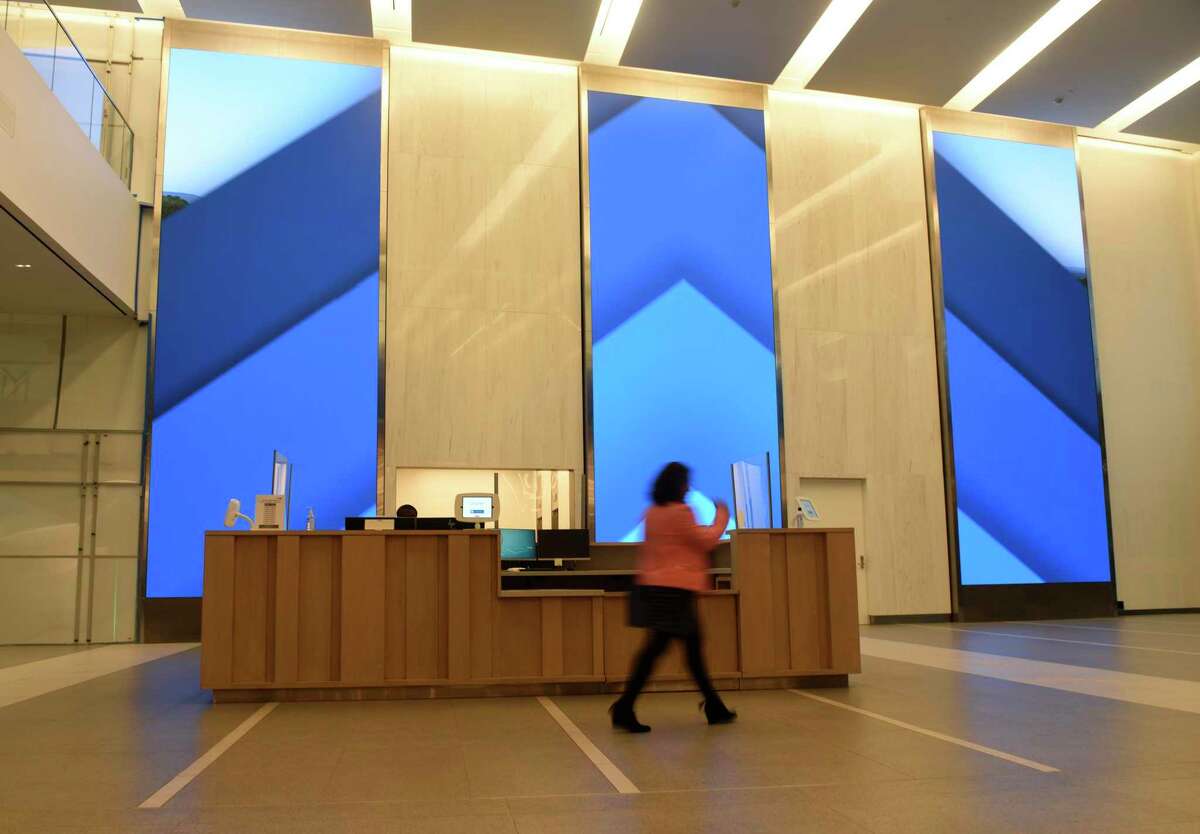 The lobby at the new Charter Communications headquarters at 400 Washington Blvd., in Stamford, Conn., on Nov. 17, 2021. “We continue to follow local and state order requirements and strongly encourage our employees to get vaccinated (against COVID-19),” the company said in a statement.