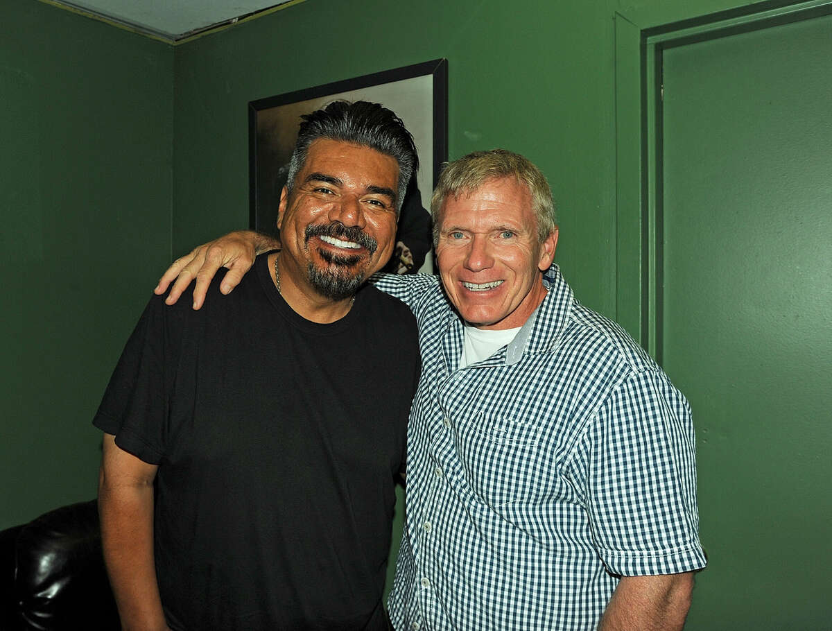  George Lopez and Vinnie Brand backstage at The Stress Factory Comedy Club on July 7, 2017 in New Brunswick, New Jersey. Of The Stress Factory owner Vinnie Brand, Lopez said “For Vinnie, it isn’t just about ‘the show must go on.’ He really cares. There’s a beauty in that."