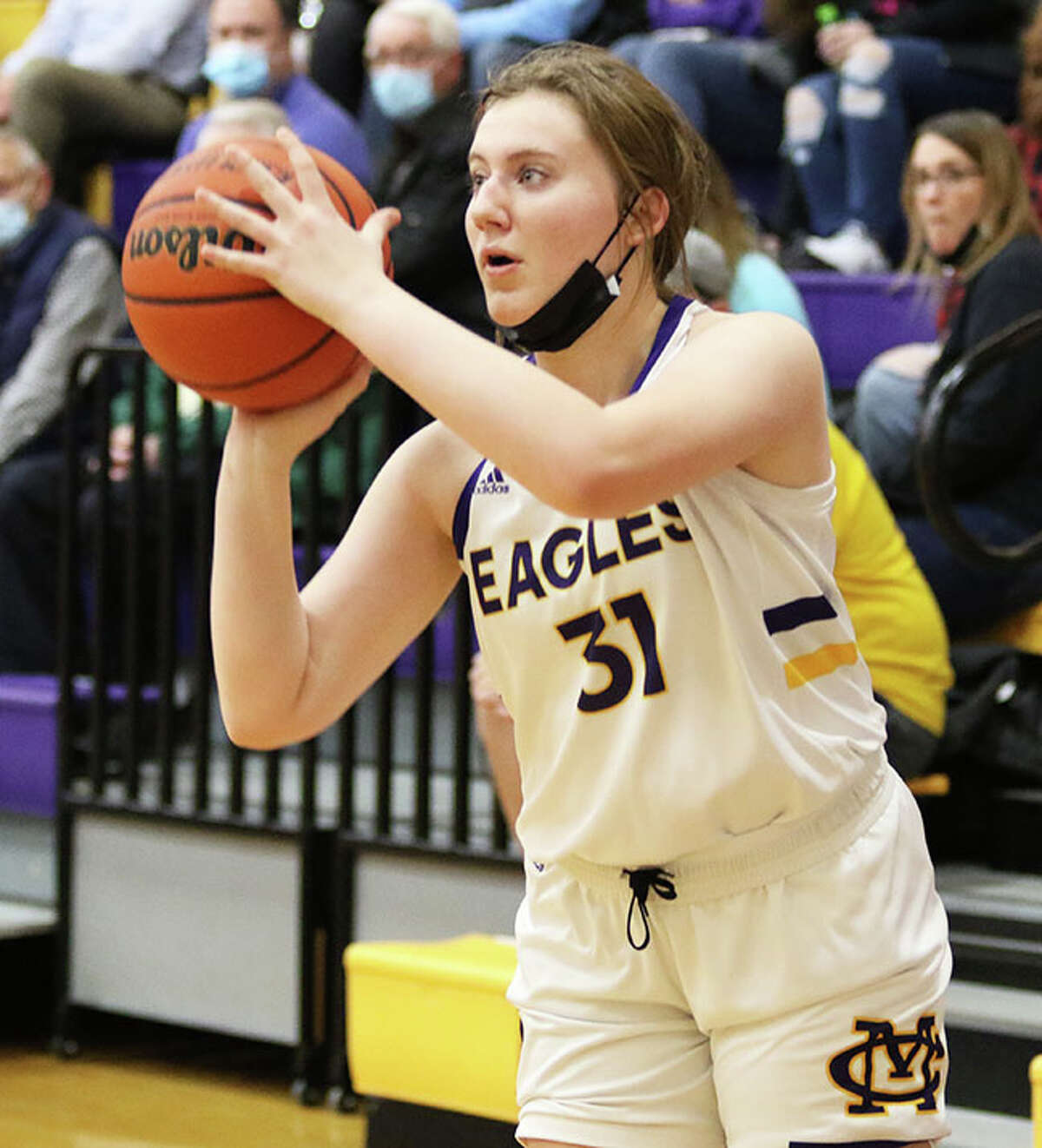 CM' s Olivia Durbin hits one of the Eagles' school record-tying 15 3-pointers against Jersey on Thursday night in Bethalto.