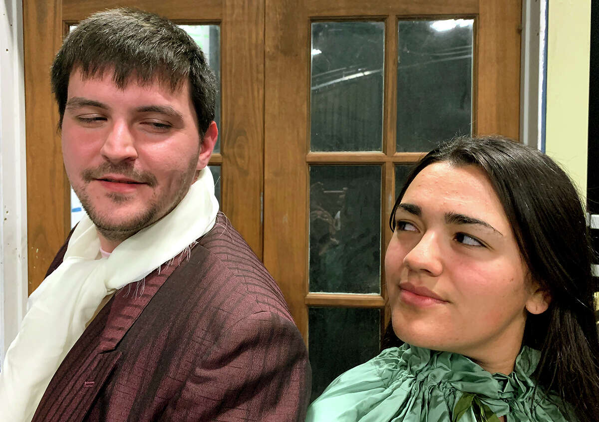 Chaz Romero, left, and emily Aguilar play Mr. Darcy and Elizabeth Bennett in BCPâs production of âPride and Prejudice,â which open Jan. 21. Photo by Andy Coughlan