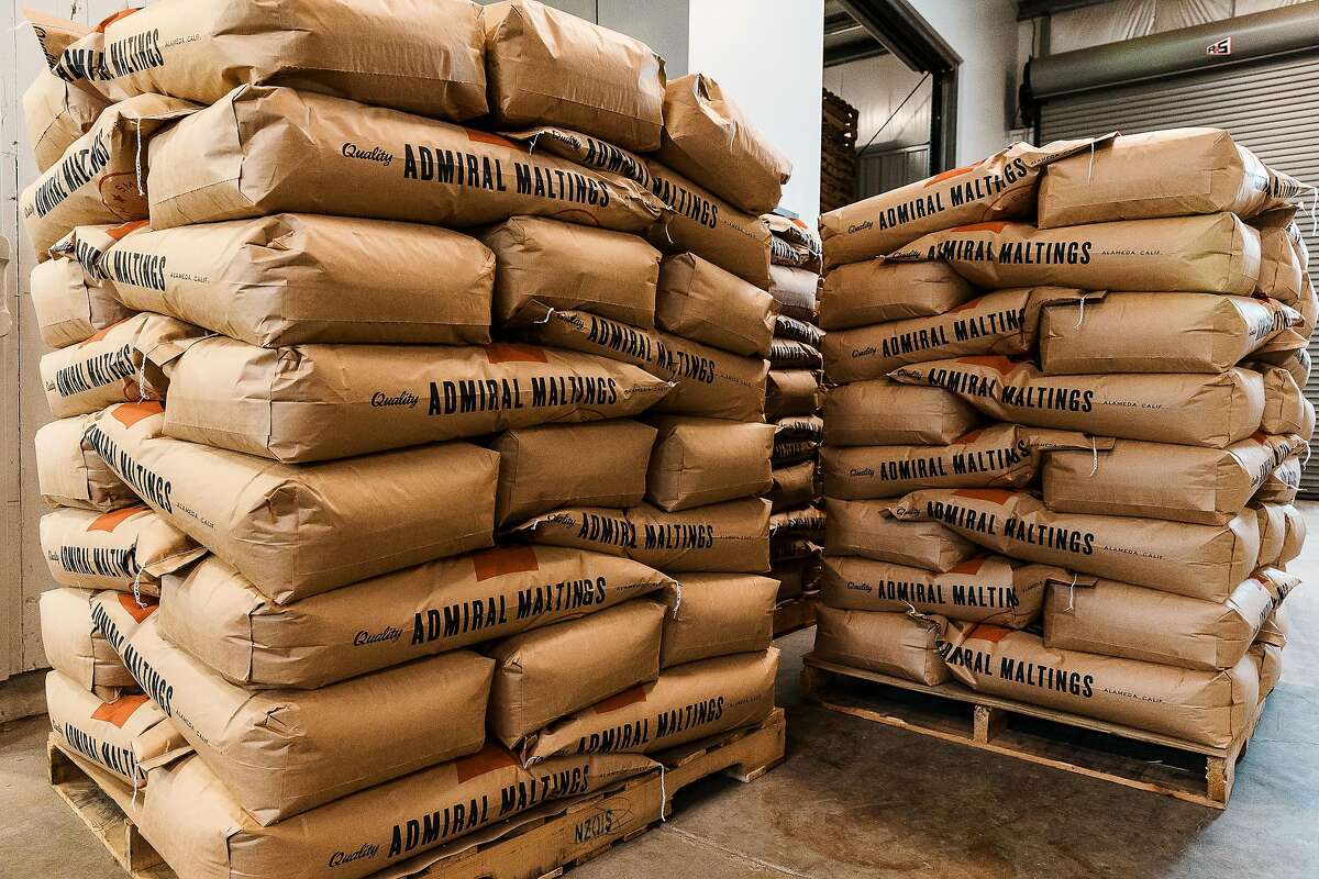 Pallets of malt bags at Admiral Maltings in Alameda, CA on Tuesday, January 11, 2022.
