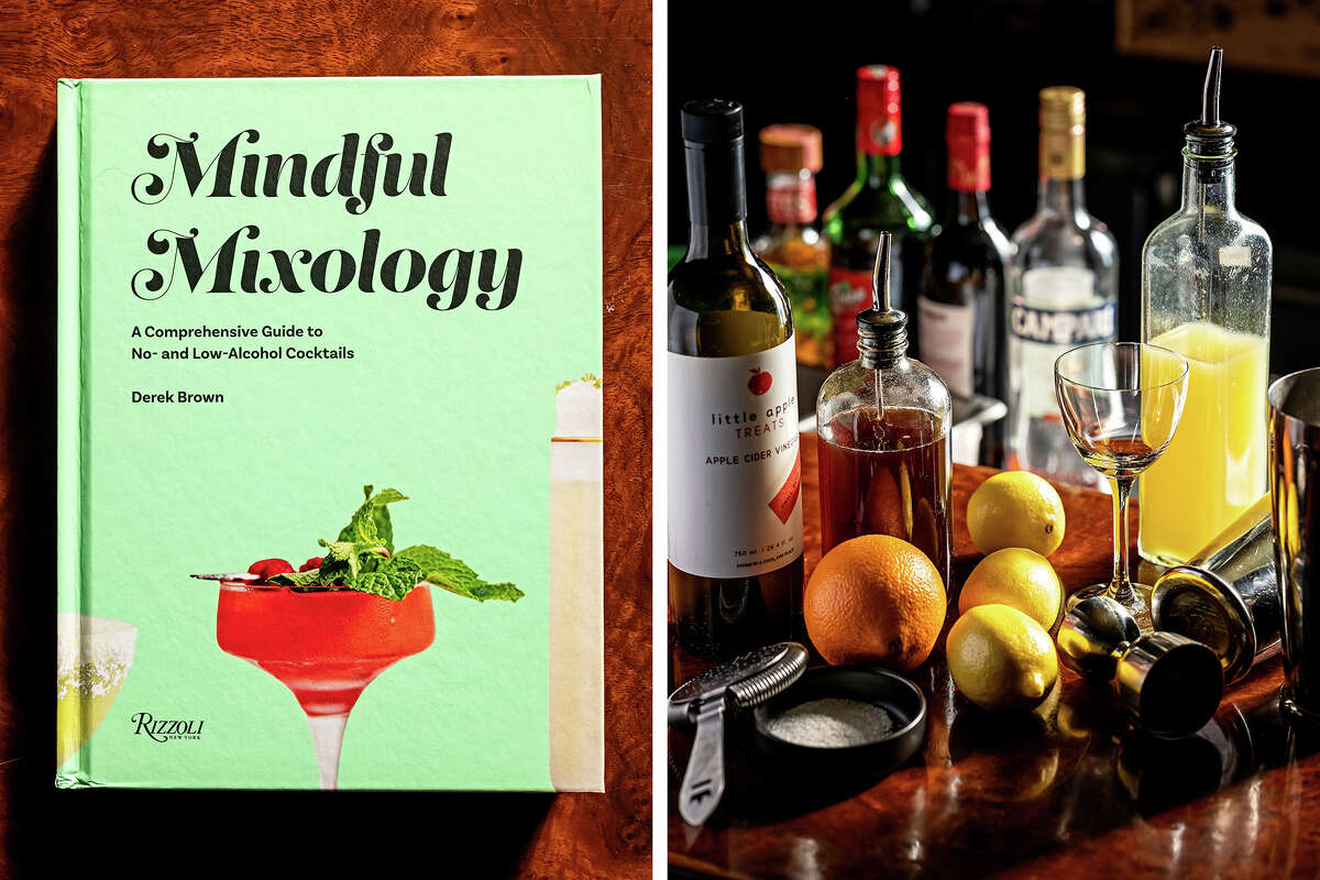 Brown's book "Mindful Mixology" and the Columbia Room's ingredients and tools for making nonalcoholic and low-alcohol cocktails.