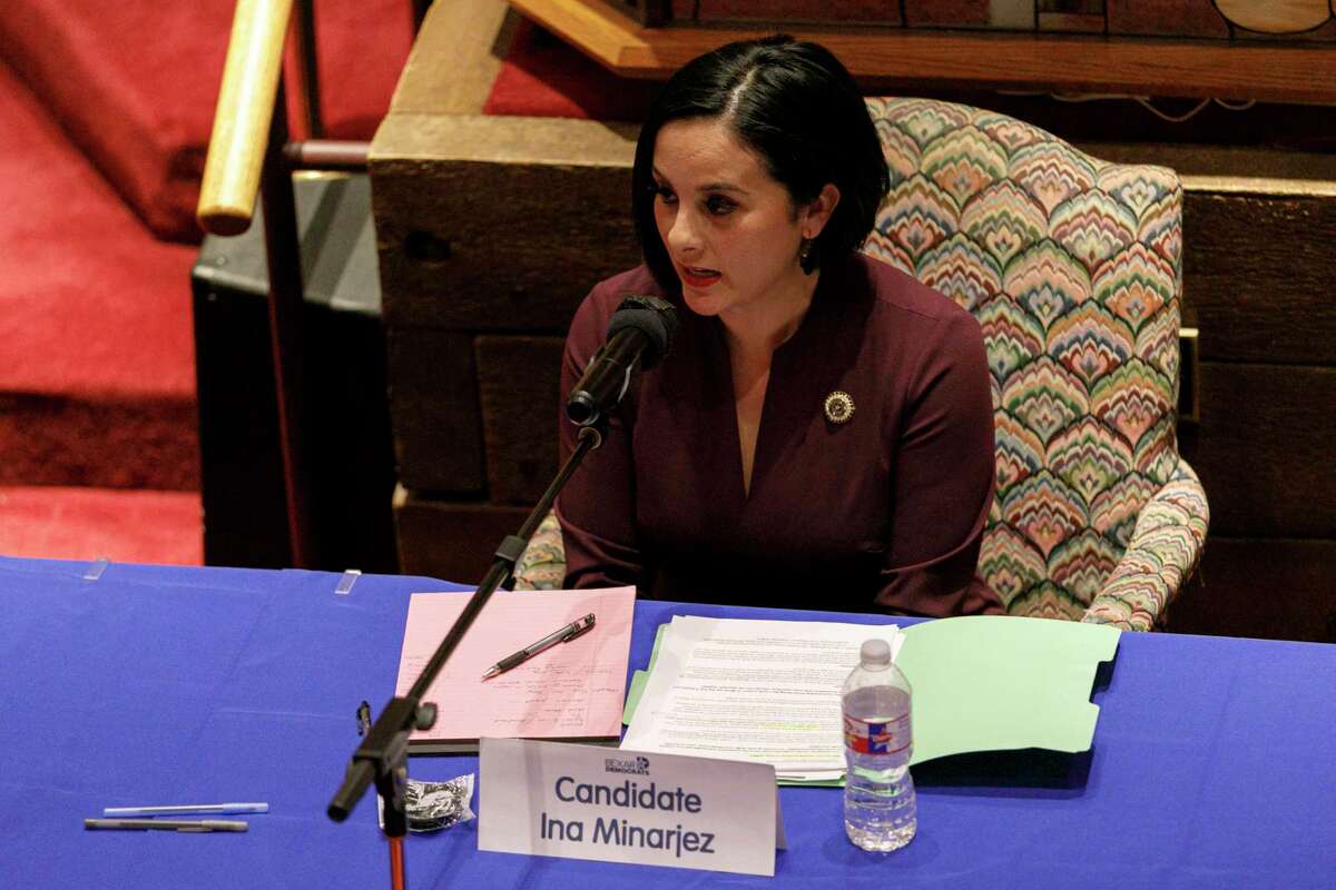 State Rep. Ina Minjarez answers a question during the Bexar County Democratic Party’s county judge candidate forum at Mt. Zion First Baptist Church in San Antonio on Thursday. Four candidates are running in the March 1 Democratic primary to replace Bexar County Judge Nelson Wolff.