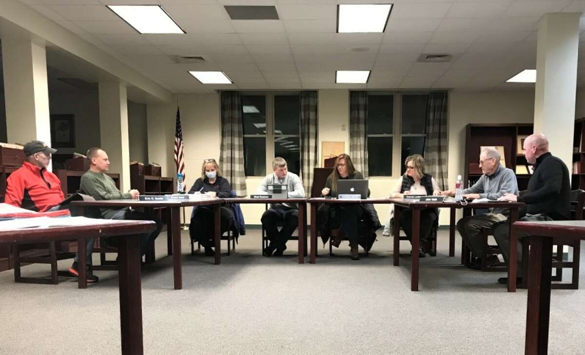 The Bear Lake Schools Board of Education and superintendent Jakob Veith discuss the district's face mask and quarantine policy during a meeting Wednesday night.