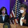 Acting New York State Commissioner of Health Dr. Mary Bassett, right, joins Gov. Kathy Hochul, left, during a state coronavirus news briefing on Friday, Jan. 14, 2022, at UAlbany’s RNA Institute in Albany, N.Y.