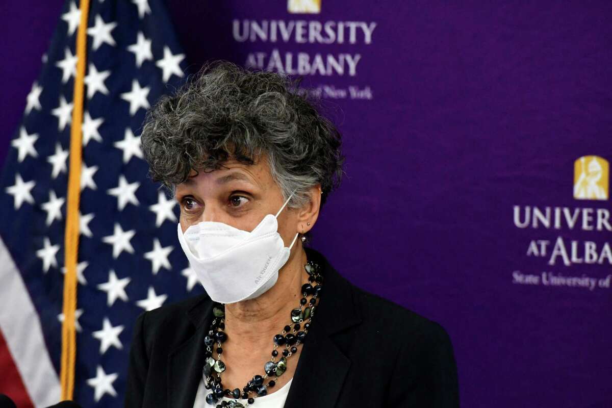 Acting New York State Commissioner of Health Dr. Mary Bassett, joins Gov. Kathy Hochul during a state coronavirus news briefing on Friday, Jan. 14, 2022, at UAlbany’s RNA Institute in Albany, N.Y.
