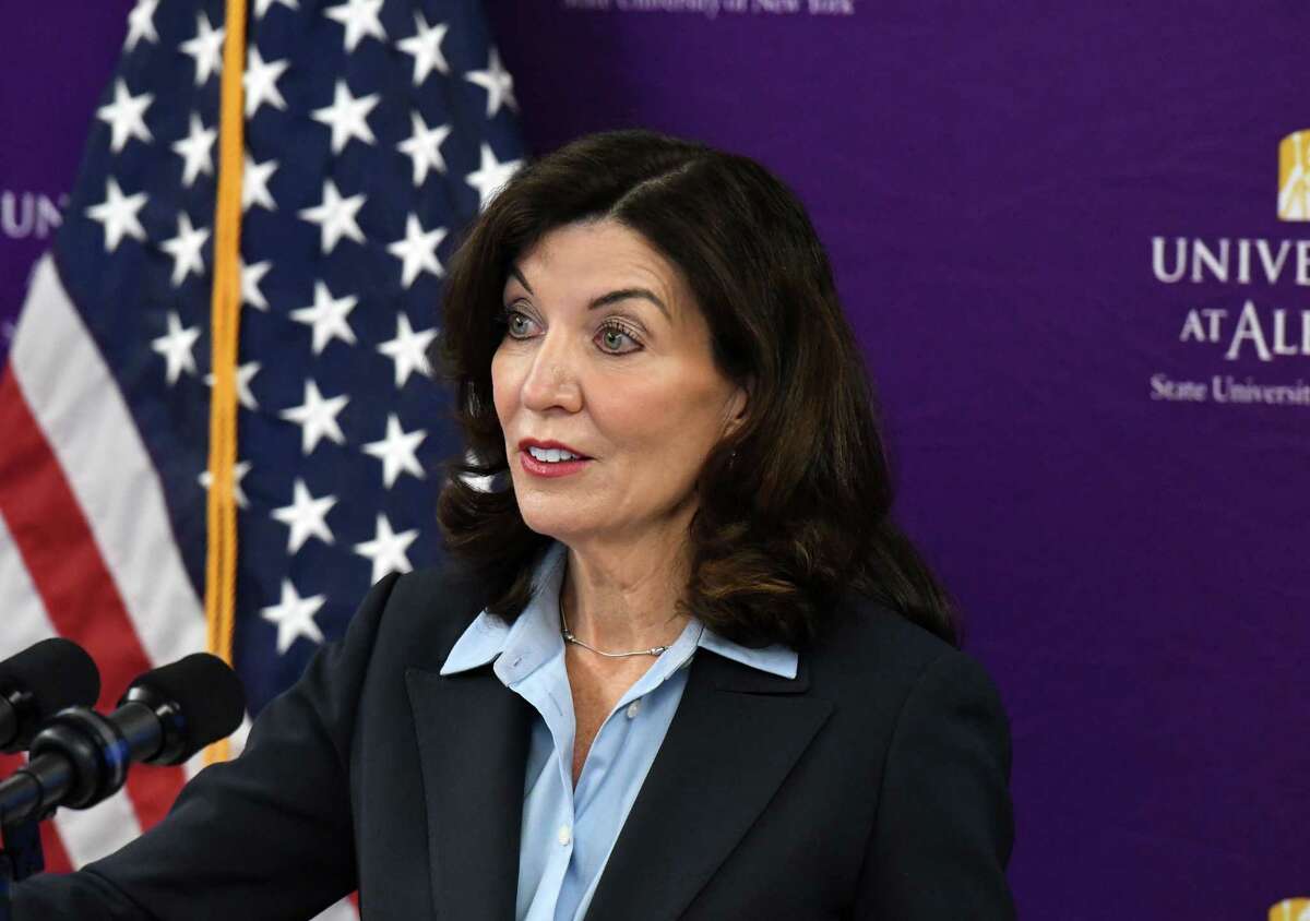 Gov. Kathy Hochul holds a during a state coronavirus news briefing on Friday, Jan. 14, 2022, at UAlbany’s RNA Institute in Albany, N.Y.