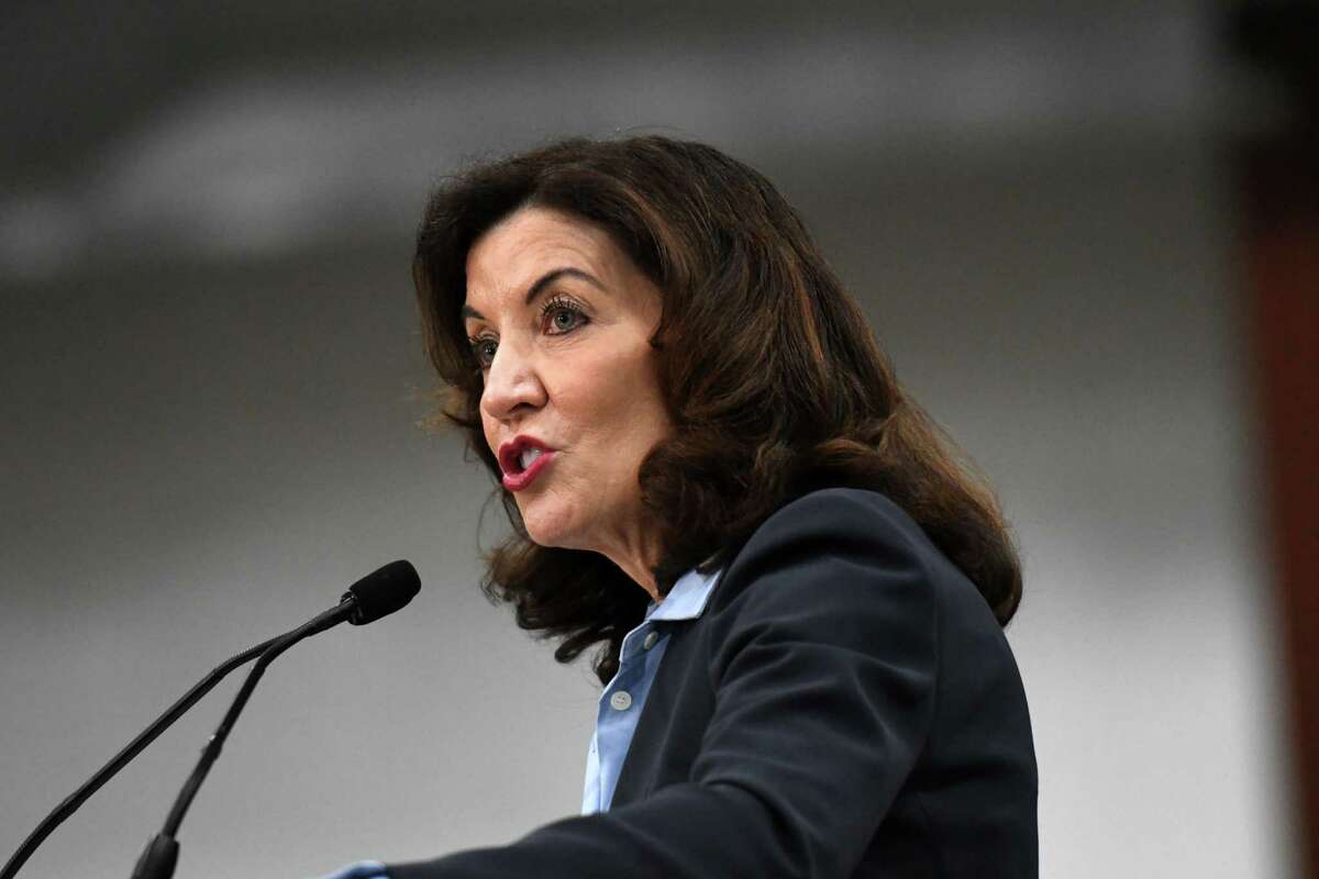 Gov. Kathy Hochul addresses the audience during a visit to the Port of Albany by U.S. Secretary of Energy Jennifer Granholm on Friday, Jan. 14, 2022, in Albany, N.Y. The event highlighted the port's plans to take advantage of the growing offshore wind energy sector in New York state and the Capital Region.