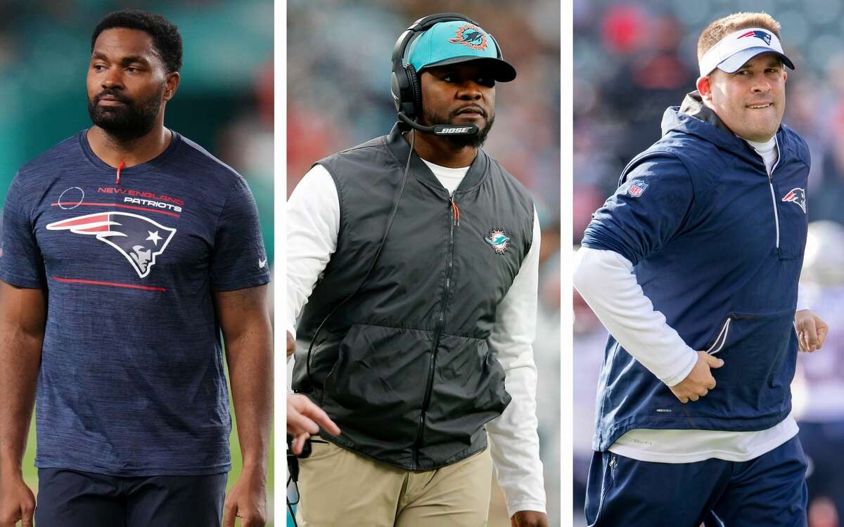 Jerod Mayo (left), Brian Flores (center), Josh McDaniels (right) are three of the coaches considered to be top candidates for the Houston Texans' vacant head coaching position.