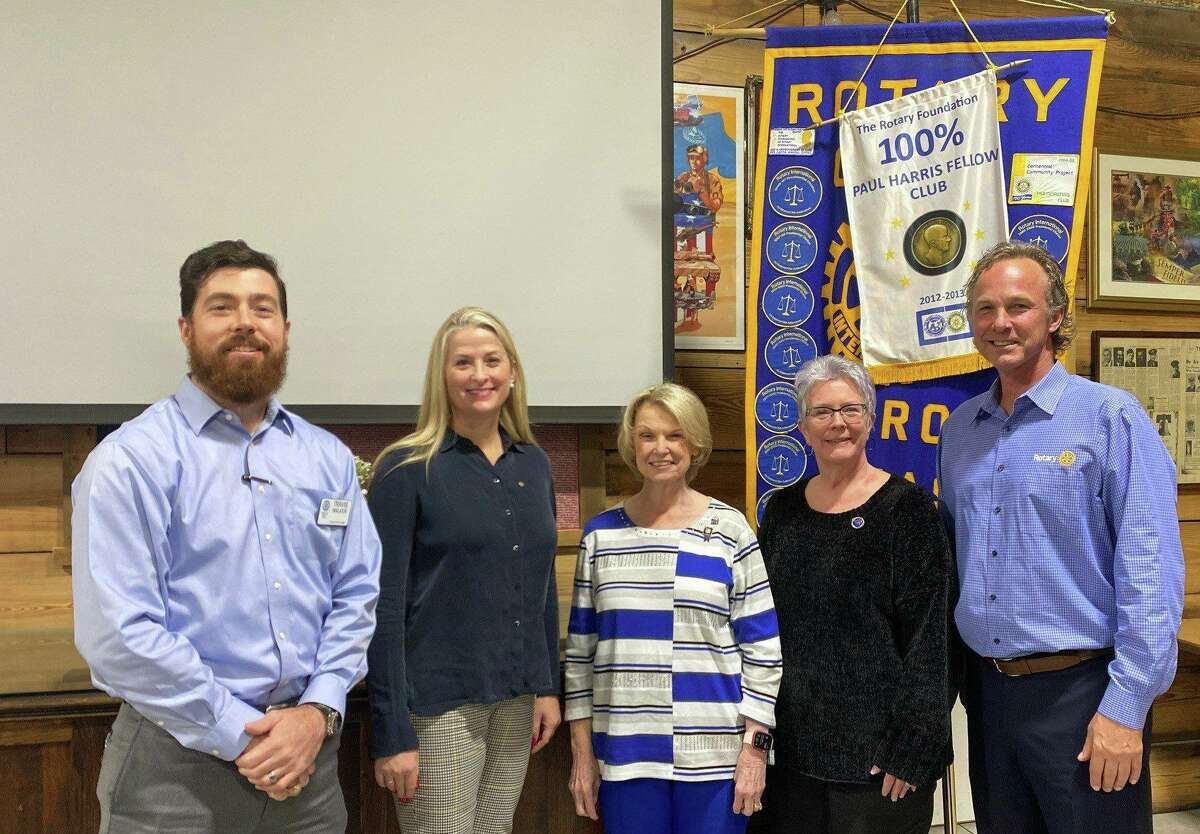 The Conroe club hosted members from the Magnolia, Lake Conroe, East Montgomery County and The Woodlands clubs today at Honor Cafe. The featured speaker was Sugar Land Rotarian Jeff Tallas speaking about the upcoming Rotary International Convention this June in Houston. Pictured from left are the presidents of the clubs present today including Travis Walker - Conroe; Kelly McDonald - Magnolia; Doris Lockey - Lake Conroe; Suann Hereford - East Montgomery County and our guest Jeff Tallas from the Sugar Land club.