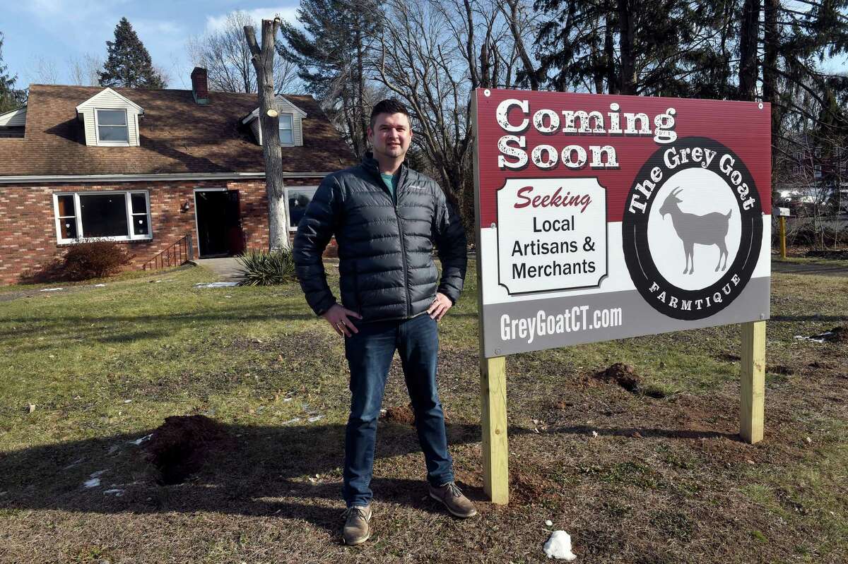 Jonathan Hunt is photographed in front of what will become The Grey Goat Farmtique in Branford on January 12, 2022.